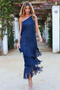 Asymmetrical Long Fringed Dress with One-Shoulder Neckline for Women
