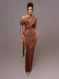 Asymmetrical Neckline Evening Dress with Draped Bodice for Women