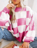 Checkered Knit Pullover with Ribbed Cuffs for Women