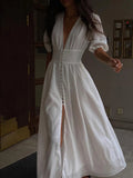 Puff Sleeve Button-Front Maxi Dress with Front Slit for Women