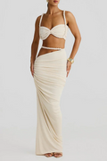 Ruched Two-Piece Maxi Skirt Set with Braided-Look Straps for Women