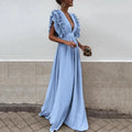 Ruffled Shoulder Maxi Dress with Plunging V-Neckline for Women