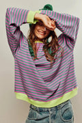 Striped Casual Pullover with Ribbed Cuffs for Women