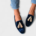 Velvet-Like Tassel Loafers with Low Flat Heel for Women