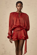 Voluminous Sleeve Short Evening Dress with Tie Belt for Women