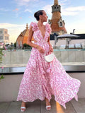 Wrap-Style Maxi Dress with Ruffle Shoulders for Women