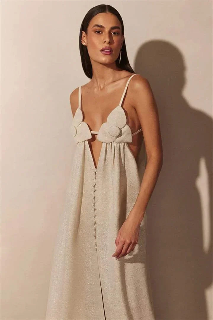 3D Floral Applique Maxi Dress with Front Slit for Women