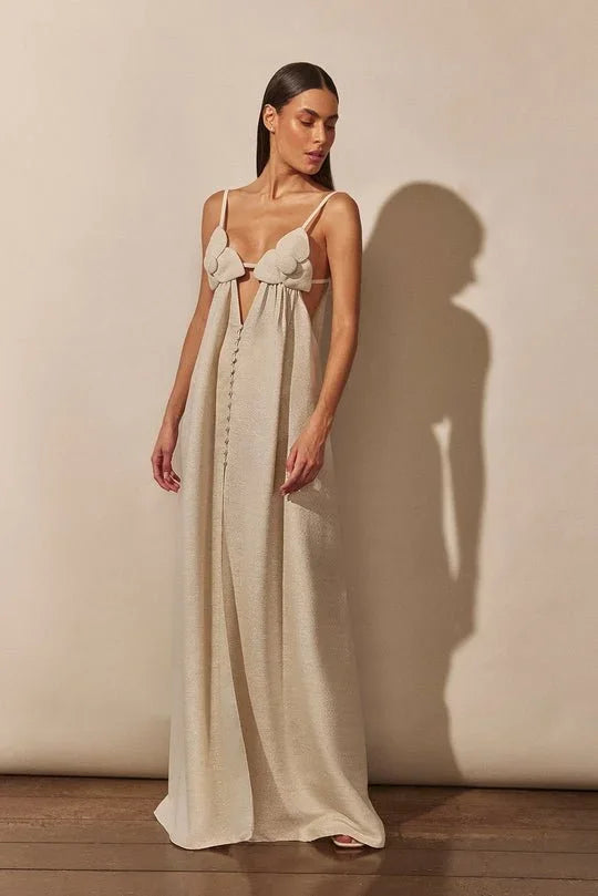 3D Floral Applique Maxi Dress with Front Slit for Women