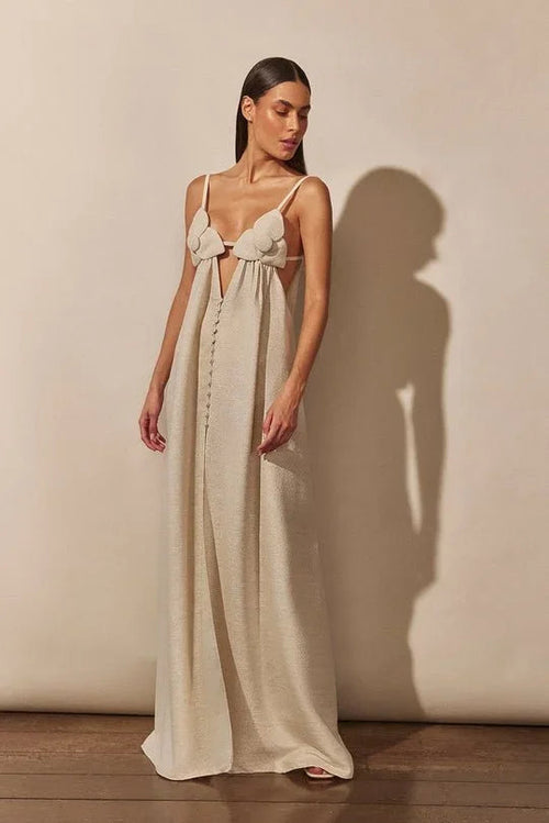 3D Floral Applique Maxi Dress with Front Slit for Women