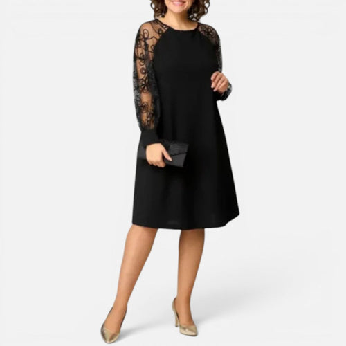 A Line Midi Dress with Sheer Lace Long Sleeves for women