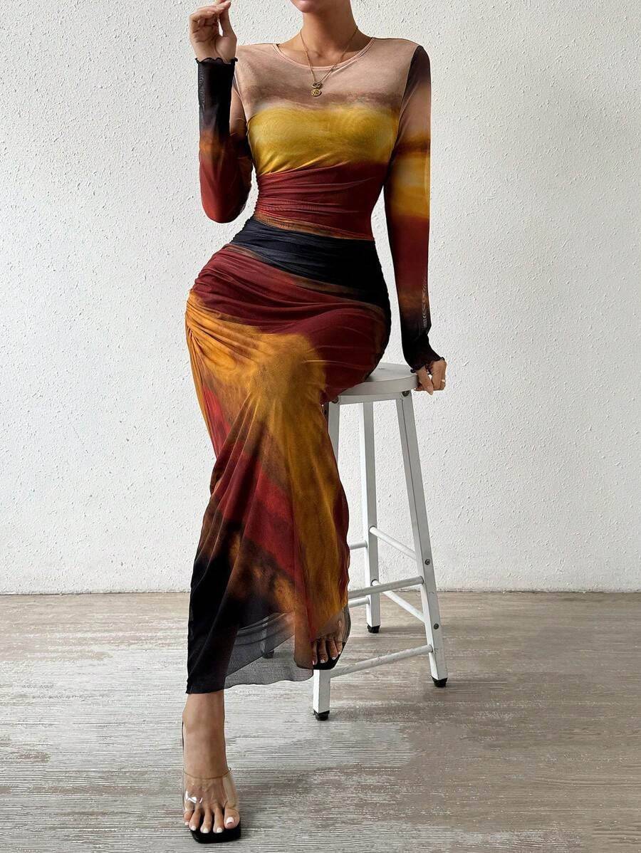 Abstract Print Maxi Dress with Gathered Side Detail for Women