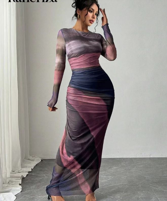 Abstract Print Maxi Dress with Gathered Side Detail for Women