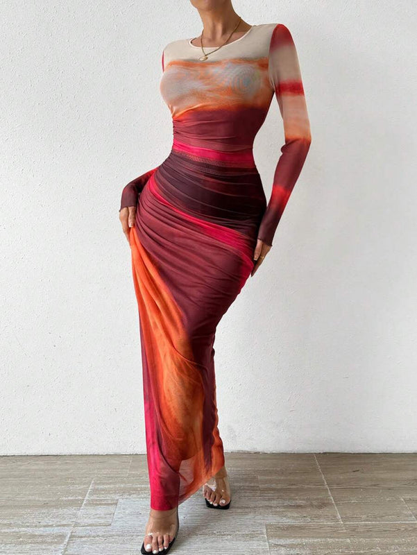Abstract Print Maxi Dress with Gathered Side Detail for Women