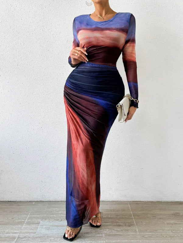 Abstract Print Maxi Dress with Gathered Side Detail for Women
