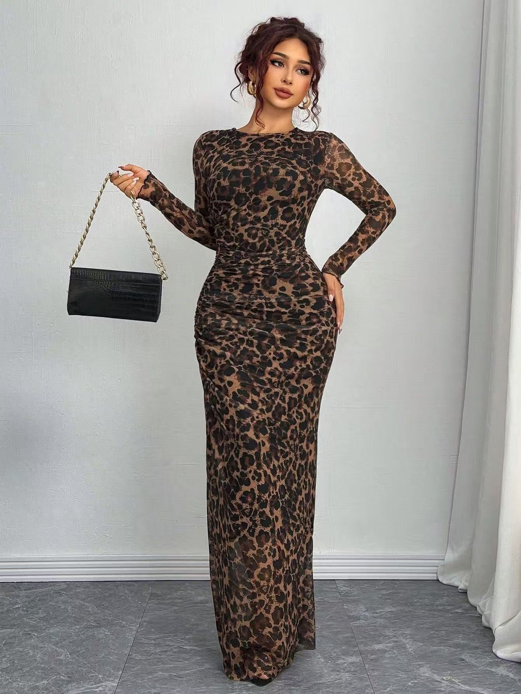 Abstract Print Maxi Dress with Gathered Side Detail for Women