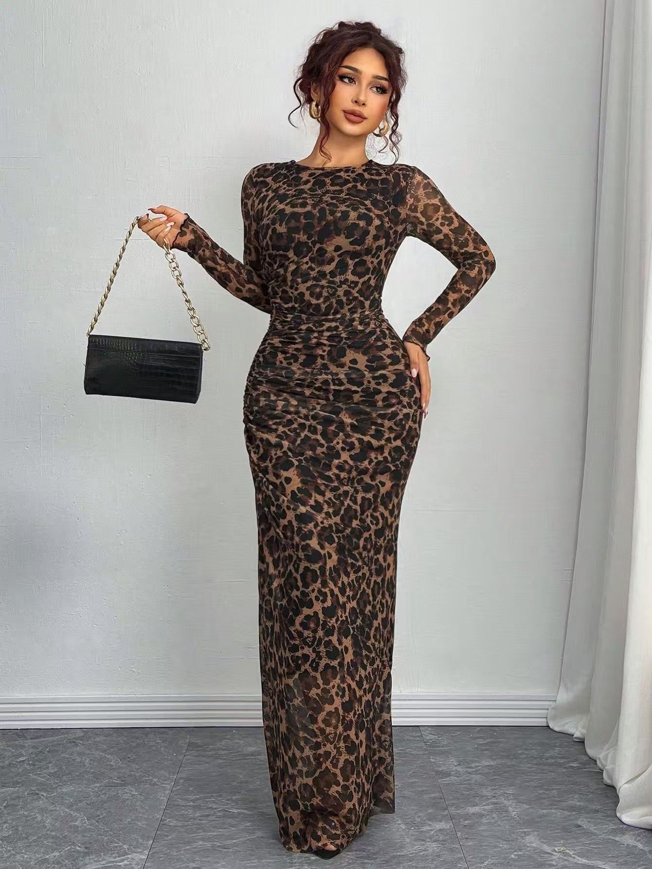Abstract Print Maxi Dress with Gathered Side Detail for Women