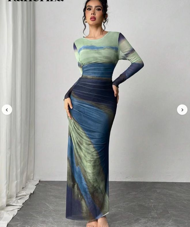 Abstract Print Maxi Dress with Gathered Side Detail for Women