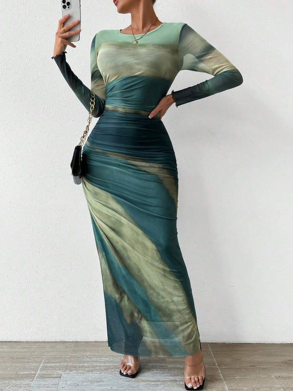 Abstract Print Maxi Dress with Gathered Side Detail for Women