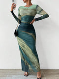 Abstract Print Maxi Dress with Gathered Side Detail for Women