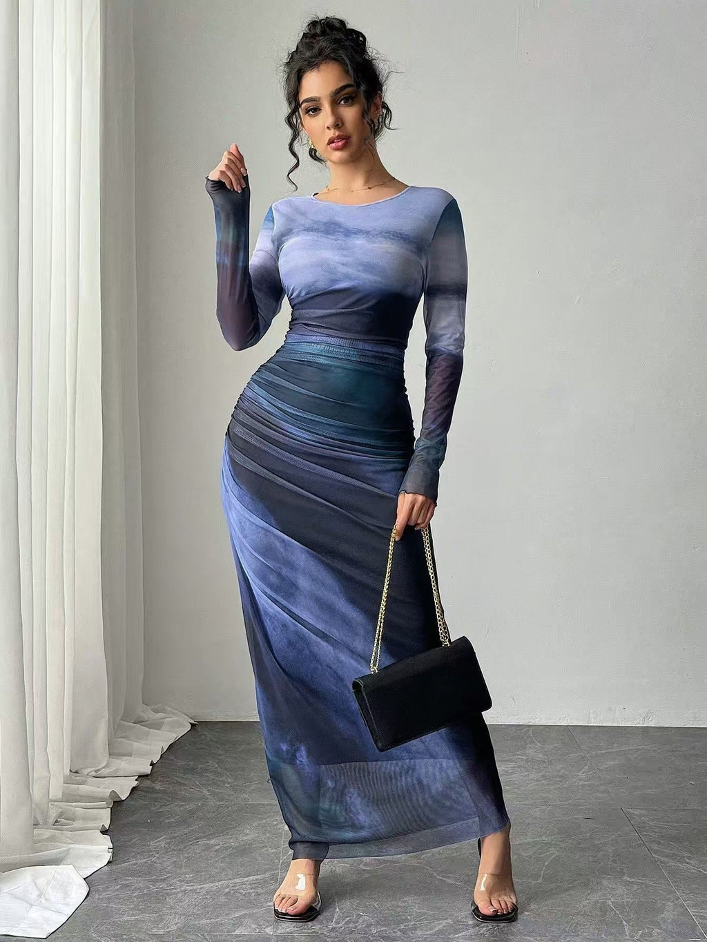 Abstract Print Maxi Dress with Gathered Side Detail for Women