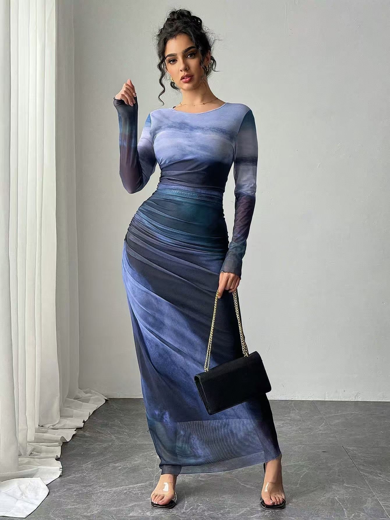 Abstract Print Maxi Dress with Gathered Side Detail for Women