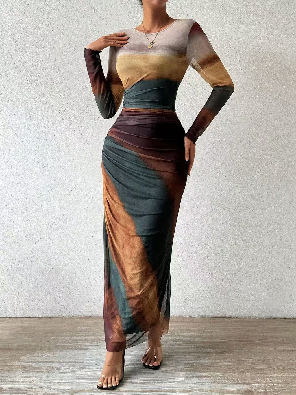 Abstract Print Maxi Dress with Gathered Side Detail for Women