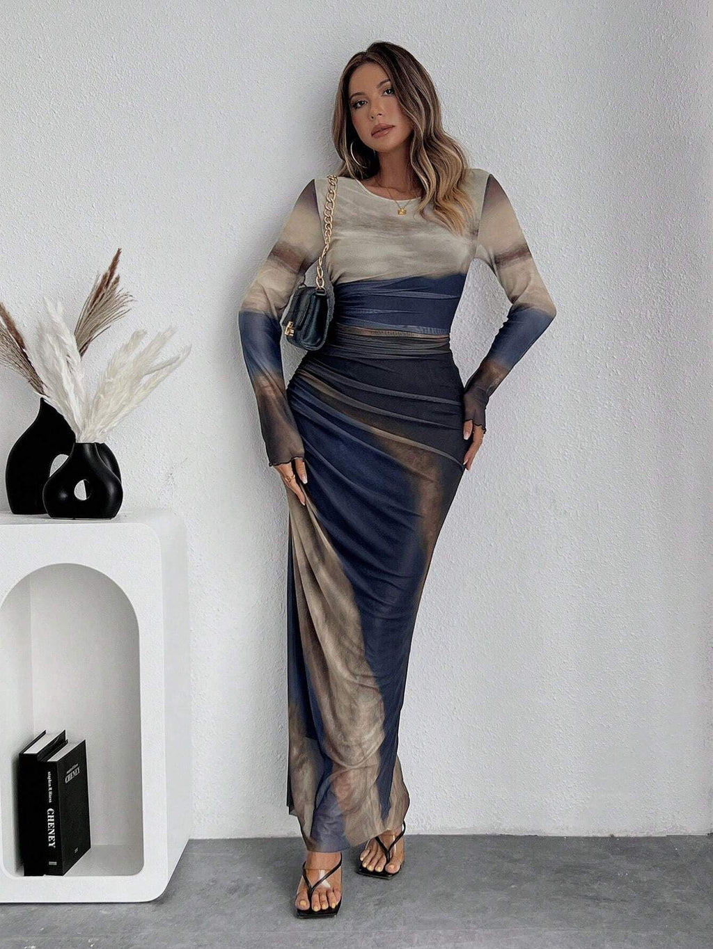 Abstract Print Maxi Dress with Gathered Side Detail for Women