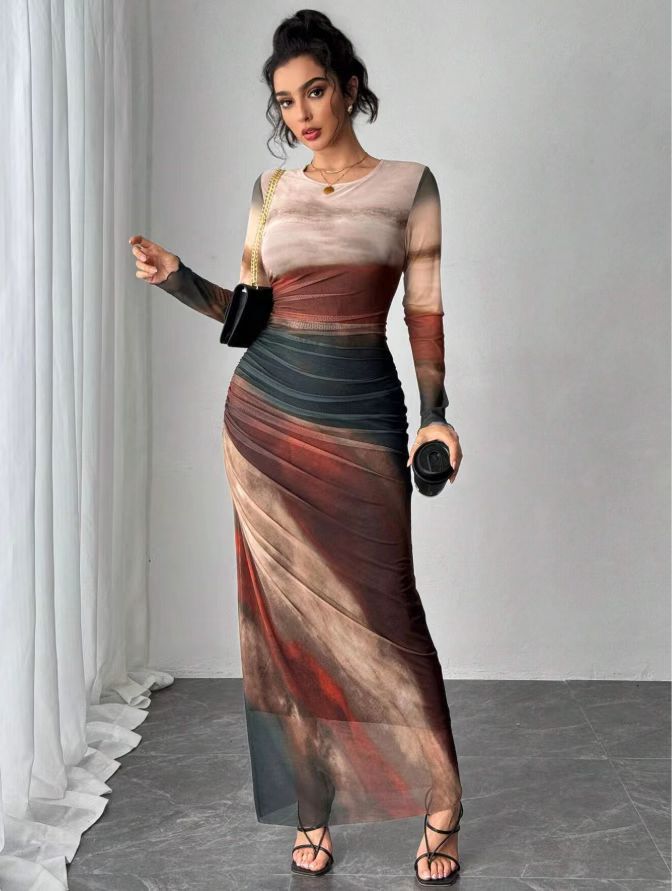 Abstract Print Maxi Dress with Gathered Side Detail for Women