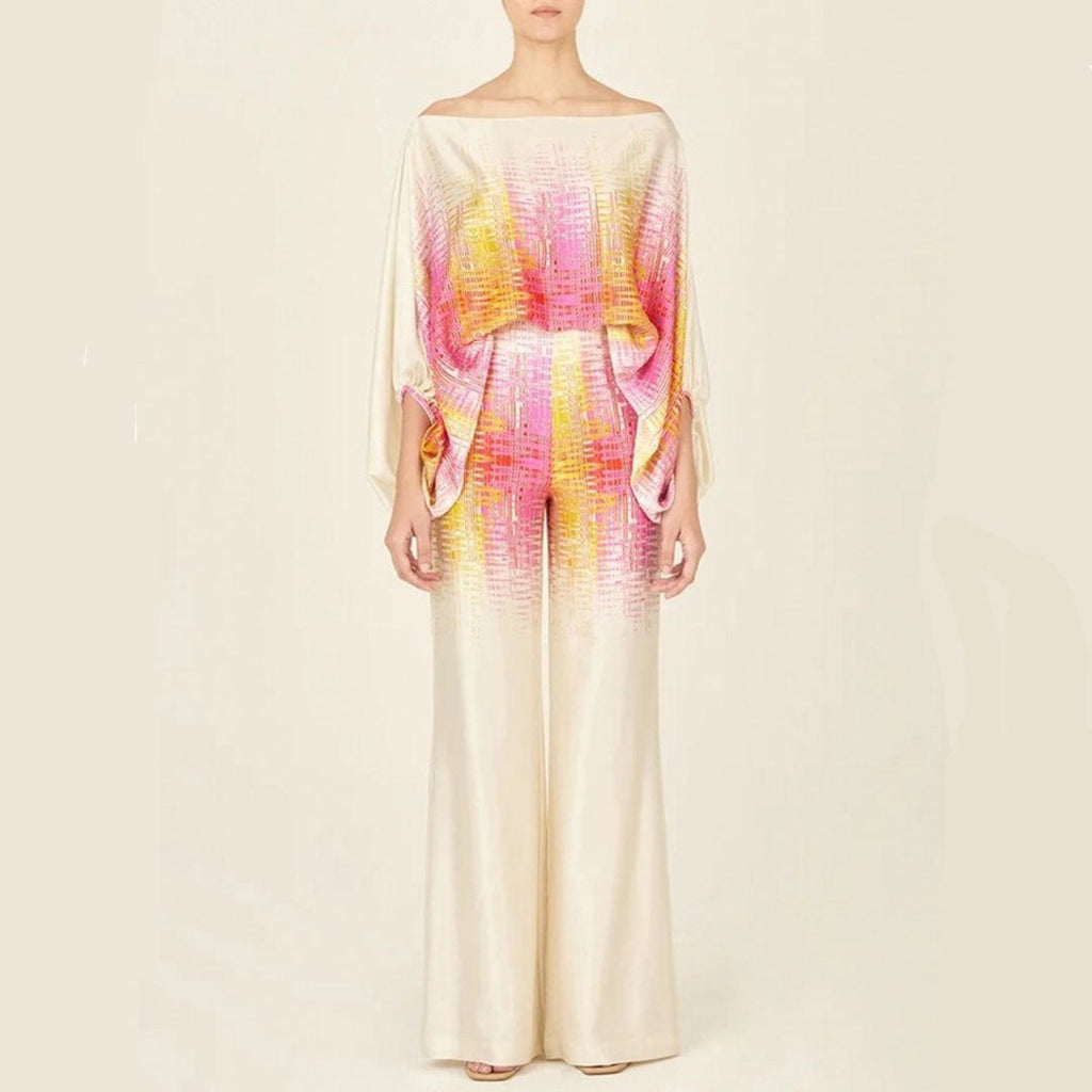 Abstract Wavy Print Top and Wide-Leg Pants Set with Off-Shoulder Neckline for Women