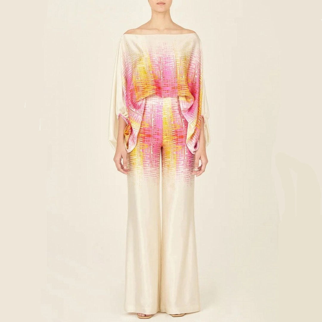 Abstract Wavy Print Top and Wide-Leg Pants Set with Off-Shoulder Neckline for Women
