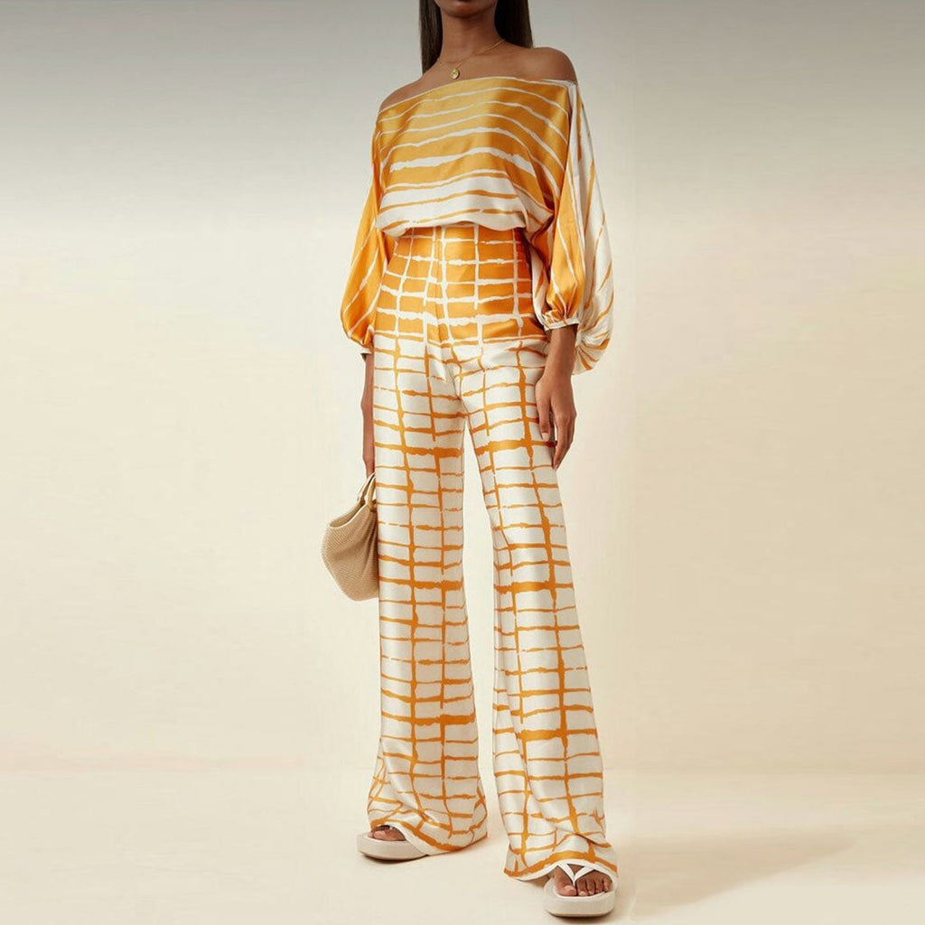 Abstract Wavy Print Top and Wide-Leg Pants Set with Off-Shoulder Neckline for Women