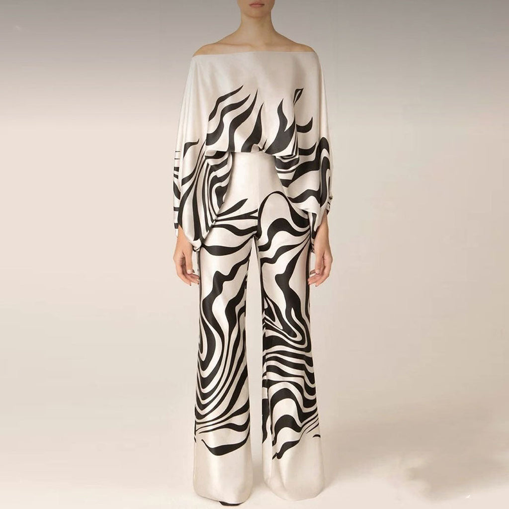 Abstract Wavy Print Top and Wide-Leg Pants Set with Off-Shoulder Neckline for Women