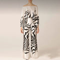 Abstract Wavy Print Top and Wide-Leg Pants Set with Off-Shoulder Neckline for Women
