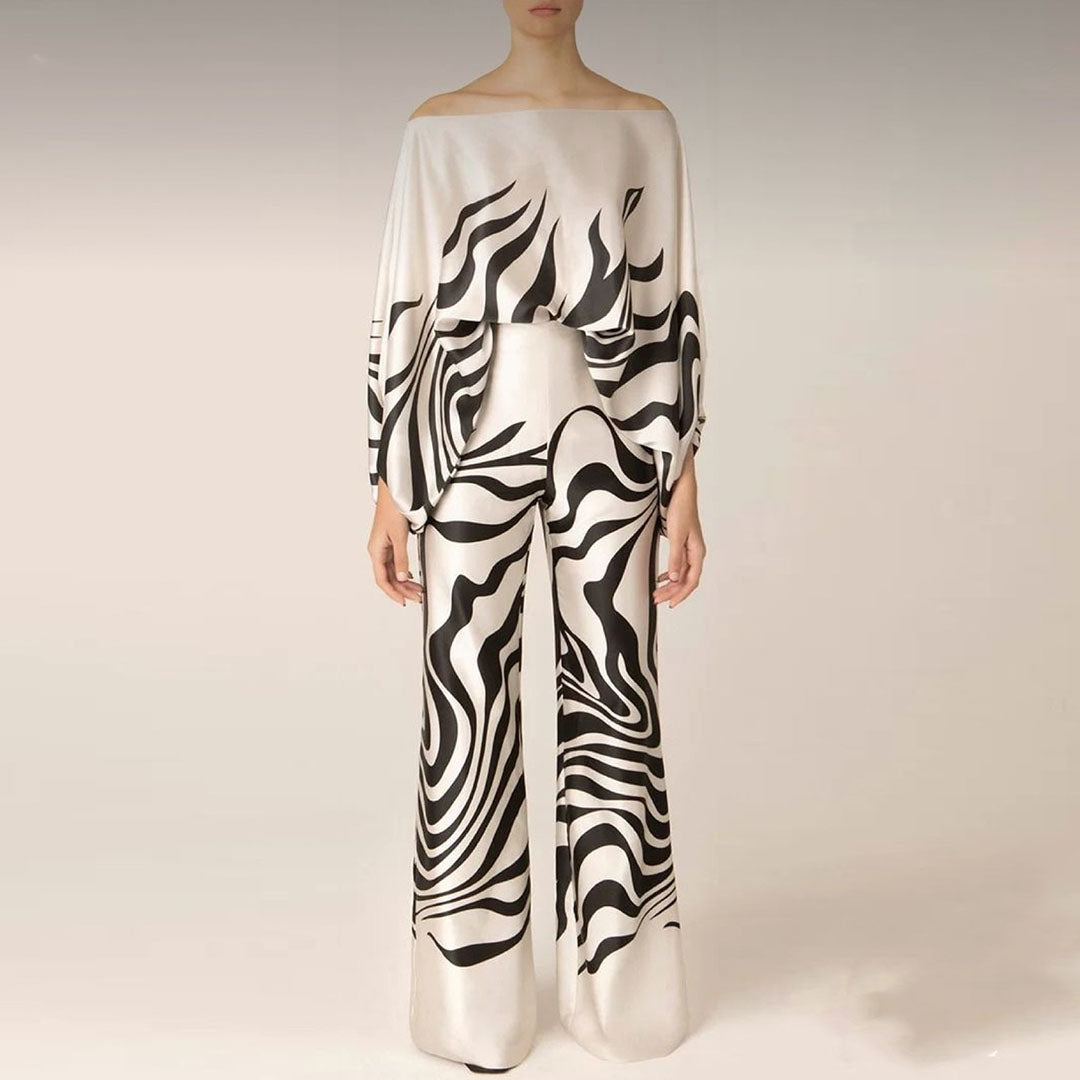 Abstract Wavy Print Top and Wide-Leg Pants Set with Off-Shoulder Neckline for Women