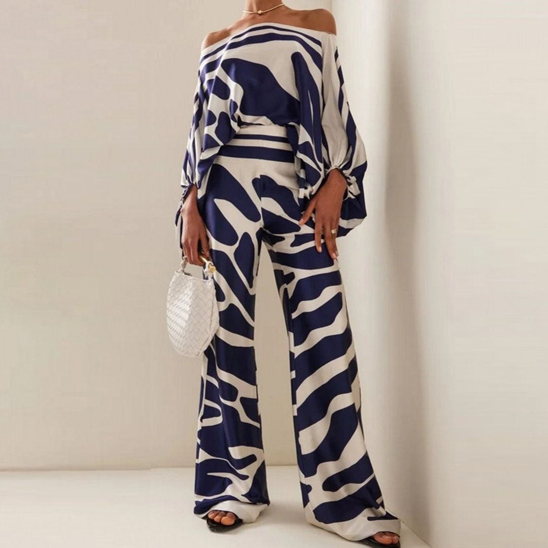 Abstract Wavy Print Top and Wide-Leg Pants Set with Off-Shoulder Neckline for Women