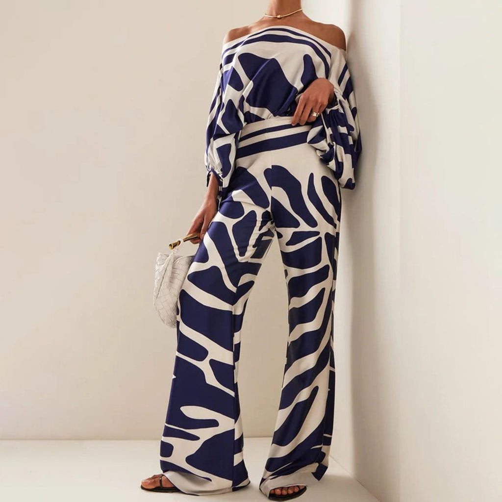 Abstract Wavy Print Top and Wide-Leg Pants Set with Off-Shoulder Neckline for Women