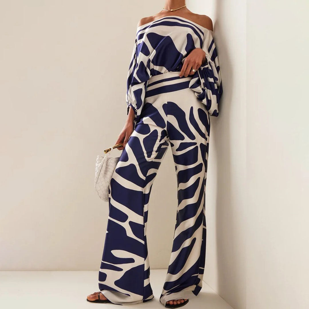 Abstract Wavy Print Top and Wide-Leg Pants Set with Off-Shoulder Neckline for Women