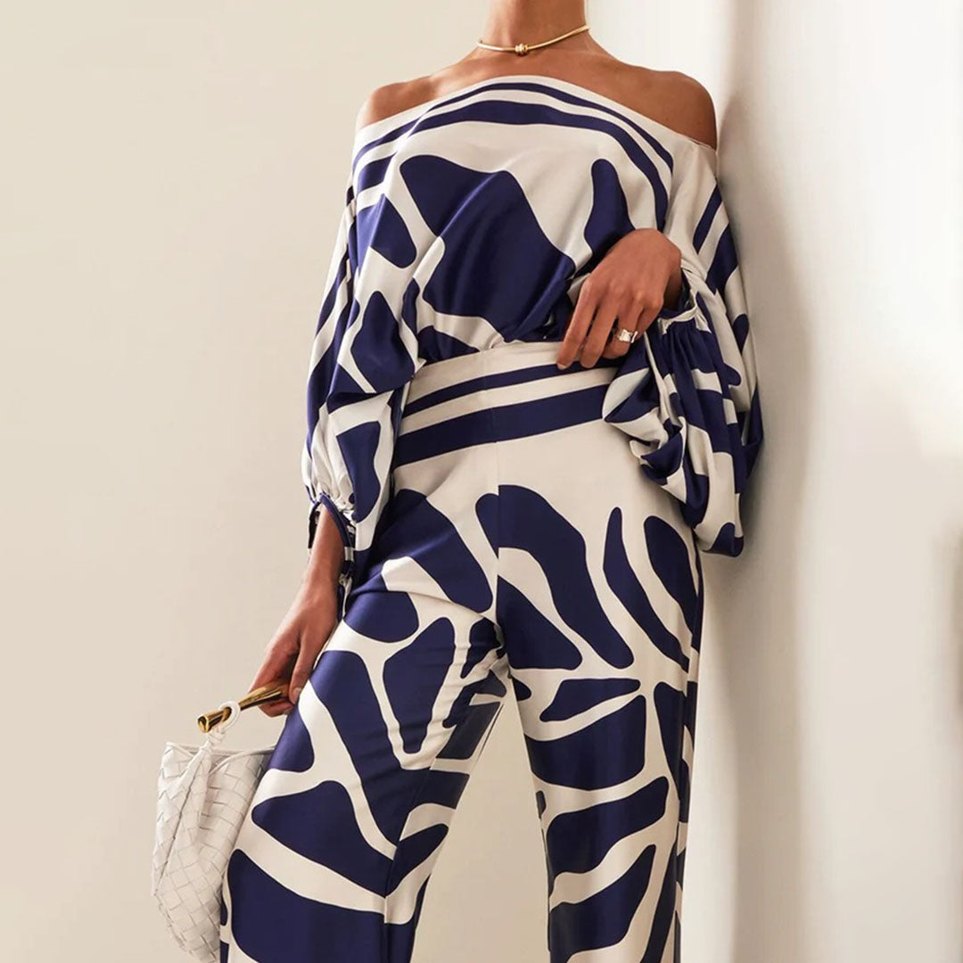 Abstract Wavy Print Top and Wide-Leg Pants Set with Off-Shoulder Neckline for Women