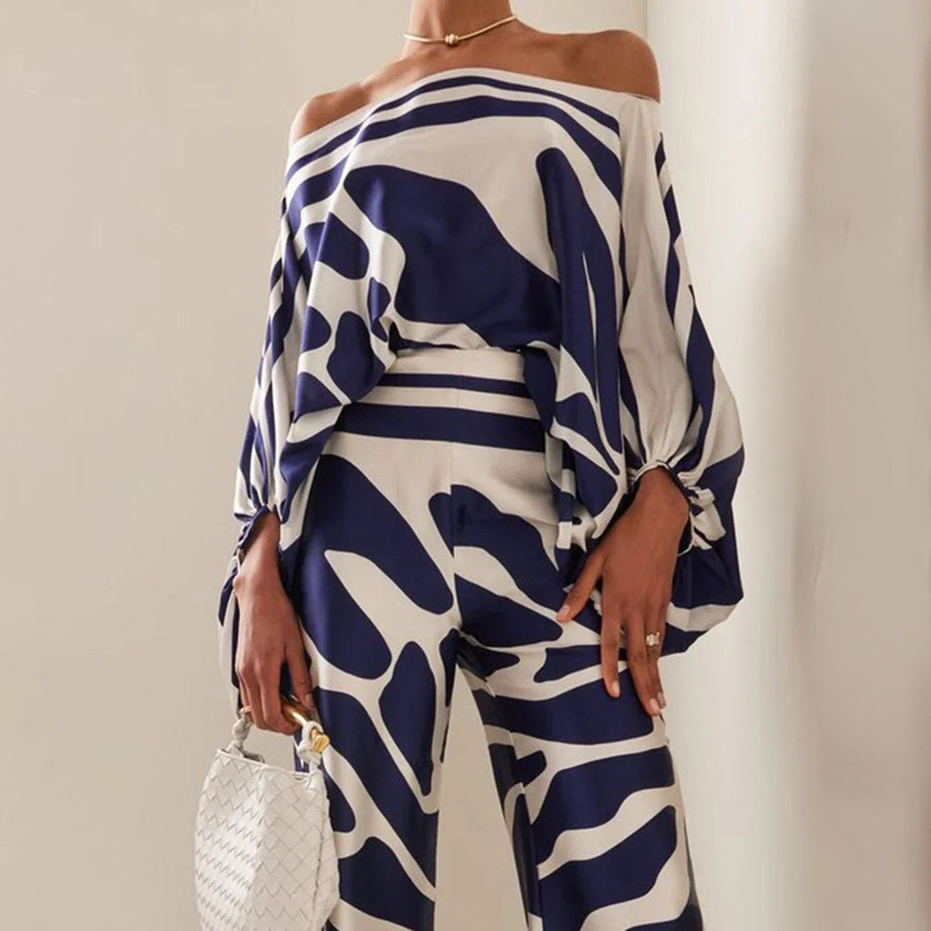 Abstract Wavy Print Top and Wide-Leg Pants Set with Off-Shoulder Neckline for Women