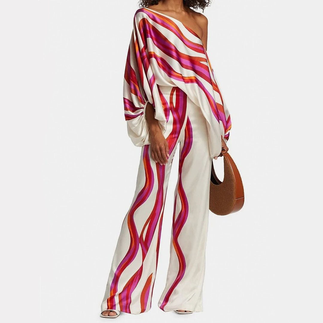 Abstract Wavy Print Top and Wide-Leg Pants Set with Off-Shoulder Neckline for Women