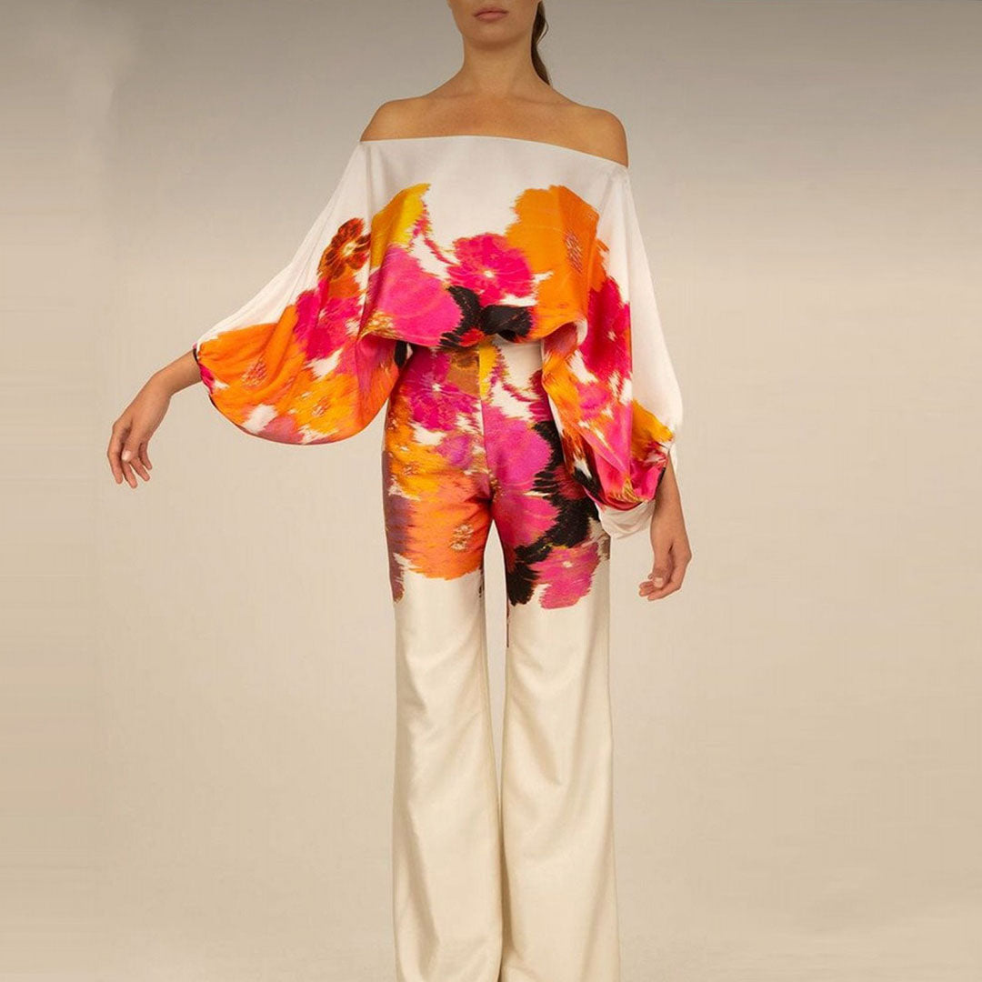 Abstract Wavy Print Top and Wide-Leg Pants Set with Off-Shoulder Neckline for Women
