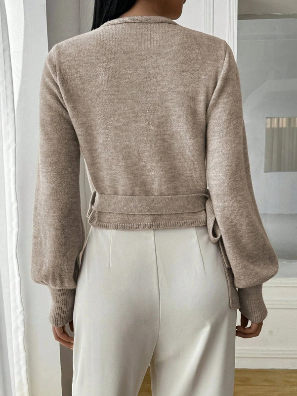 Adjustable Wrap Sweater with Side Tie Belt for Women