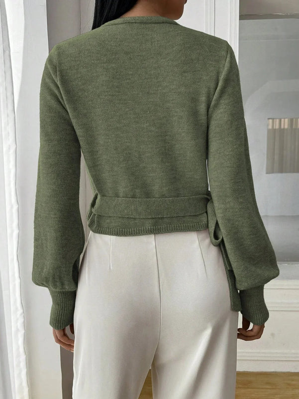 Adjustable Wrap Sweater with Side Tie Belt for Women