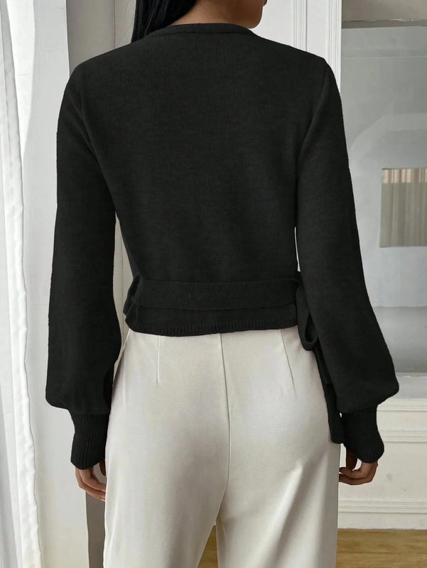 Adjustable Wrap Sweater with Side Tie Belt for Women