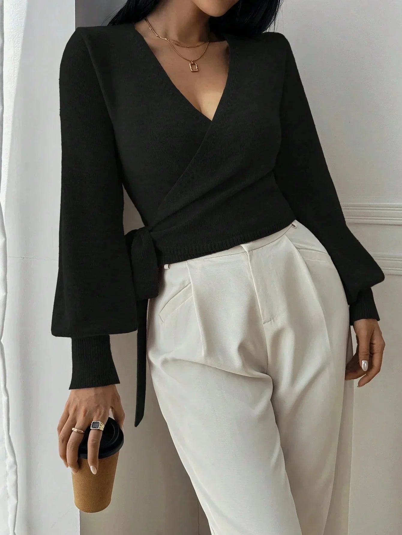 Adjustable Wrap Sweater with Side Tie Belt for Women
