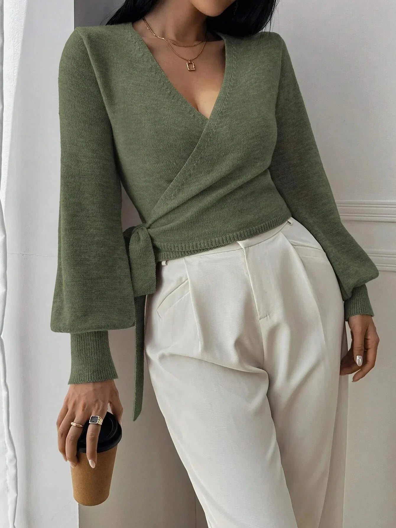 Adjustable Wrap Sweater with Side Tie Belt for Women