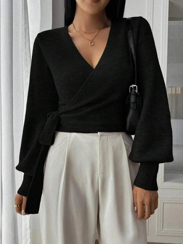 Adjustable Wrap Sweater with Side Tie Belt for Women