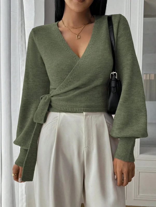 Adjustable Wrap Sweater with Side Tie Belt for Women