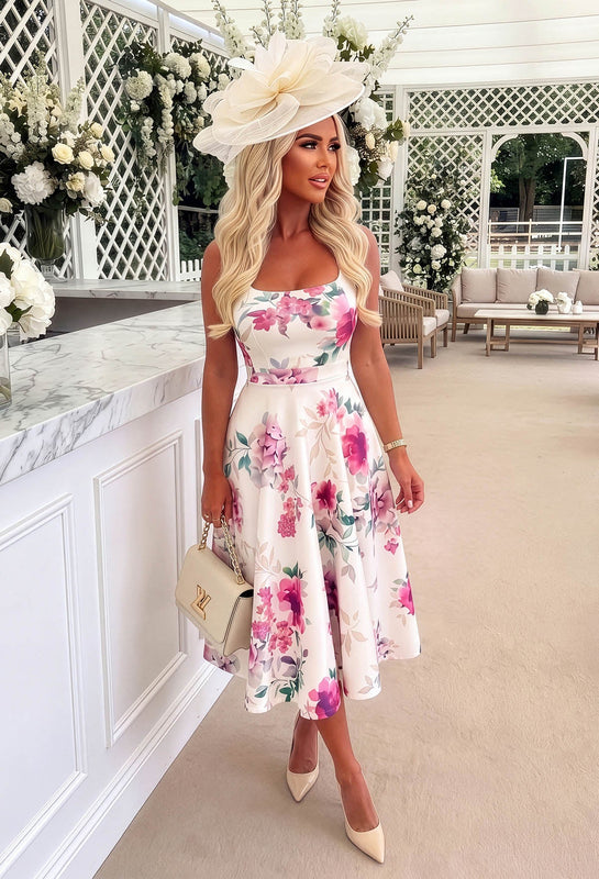 All-Over Floral Midi Dress with Square Neckline for Women