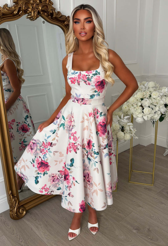 All-Over Floral Midi Dress with Square Neckline for Women